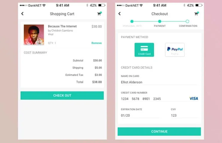 Mobile shopping cart and checkout screens with payment options and a full-width continue button