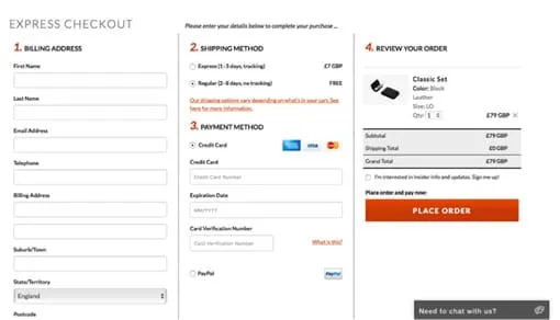 Express checkout page with a Need to chat with us? help button in the corner