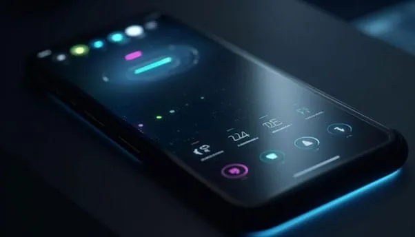 Smartphone on a dark surface with a glowing app interface