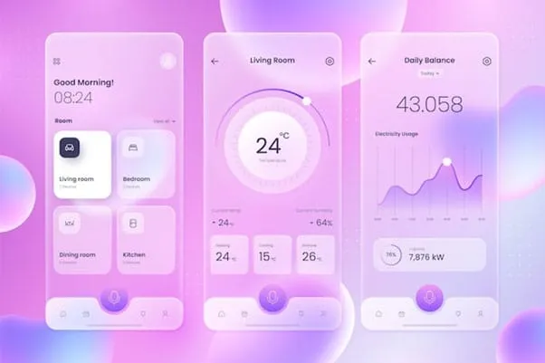 Mobile app UI screens for a smart home dashboard showing room controls, temperature and energy usage