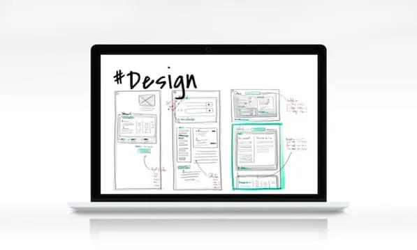 Laptop displaying hand-drawn UX wireframe sketches under the heading #Design