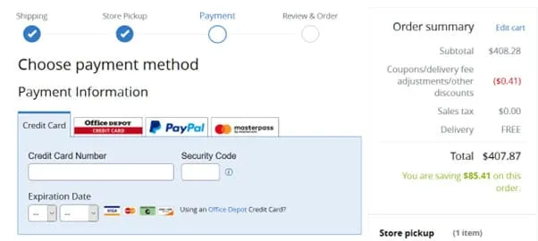 Checkout page with a progress indicator for shipping, store pickup, payment and review steps