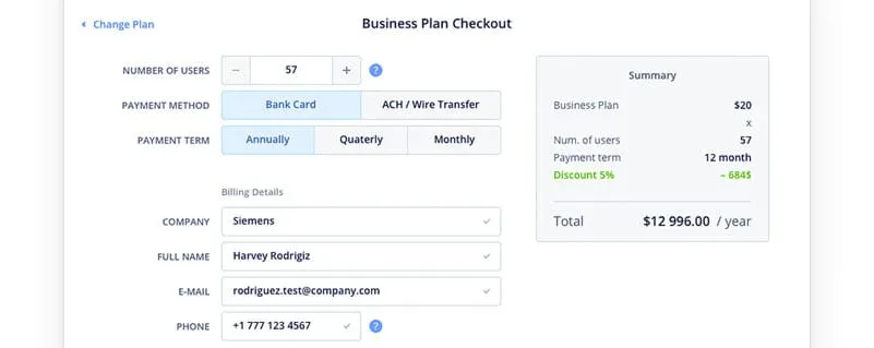 Business plan checkout form with a short set of billing fields beside an order summary