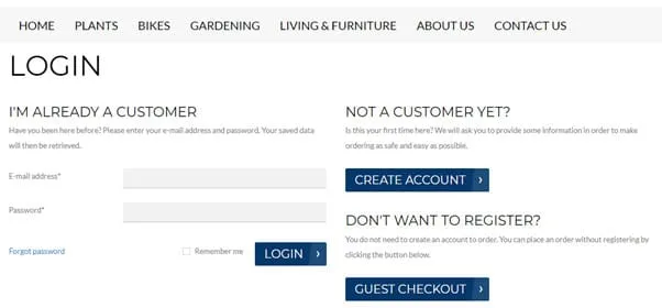 Login page offering sign-in, account creation and a guest checkout option