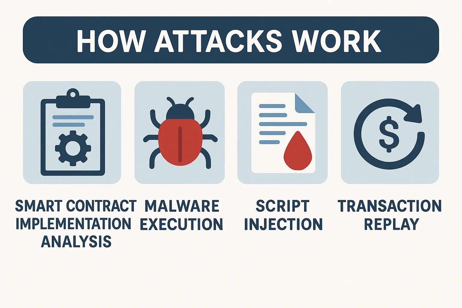 Execution techniques: smart contract implementation analysis, malware execution, script injection, transaction replay