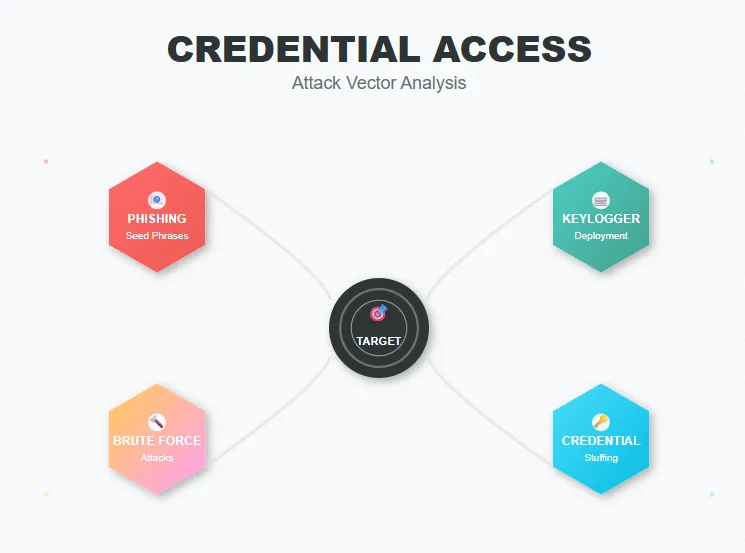 Credential access vectors: seed phrase phishing, keylogger deployment, brute force attacks and credential stuffing