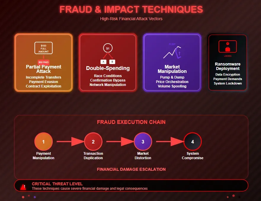 Fraud and impact techniques: partial payments, double-spending, market manipulation and ransomware deployment