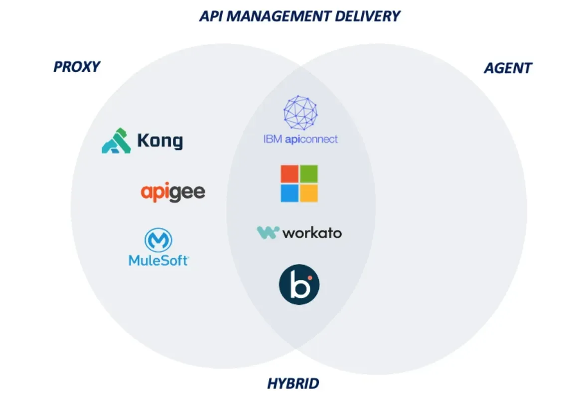 Venn diagram of API management delivery models, proxy, agent and hybrid, with example vendors such as Kong and Apigee