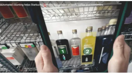Tablet camera view counting syrup bottles on a store shelf, captioned as automated counting for Starbucks partners