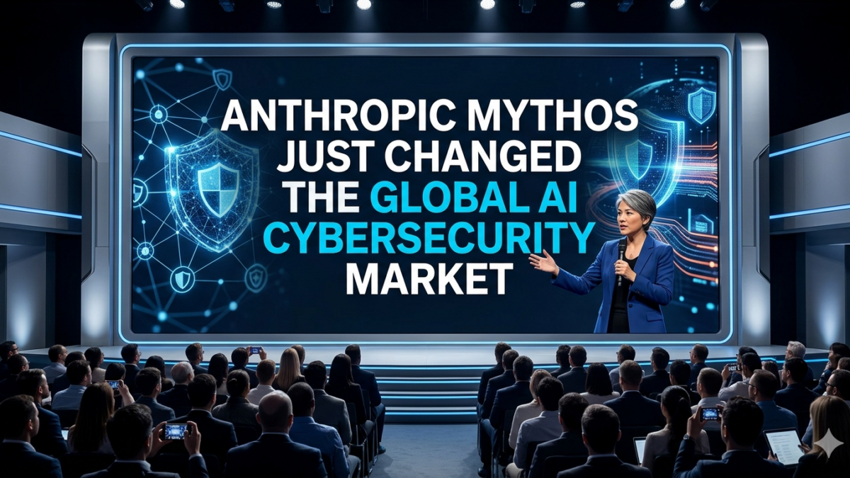 Speaker on stage presenting "Anthropic Mythos Just Changed The Global AI Cybersecurity Market" with shield and network graphics behind her.