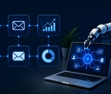 AI automation infographic showing business workflow automation with a robotic arm, laptop dashboard, analytics, and productivity benefits for businesses