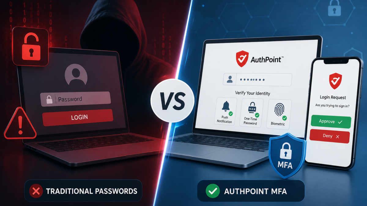Illustration comparing traditional password-based authentication with modern multi-factor authentication (MFA), highlighting enhanced security, identity verification, and protection against unauthorized access.