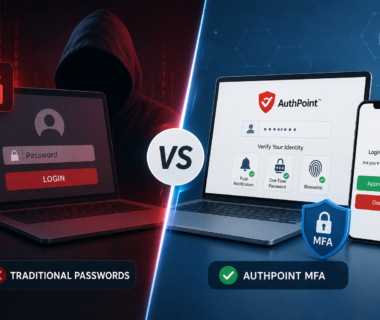 Illustration comparing traditional password-based authentication with modern multi-factor authentication (MFA), highlighting enhanced security, identity verification, and protection against unauthorized access.