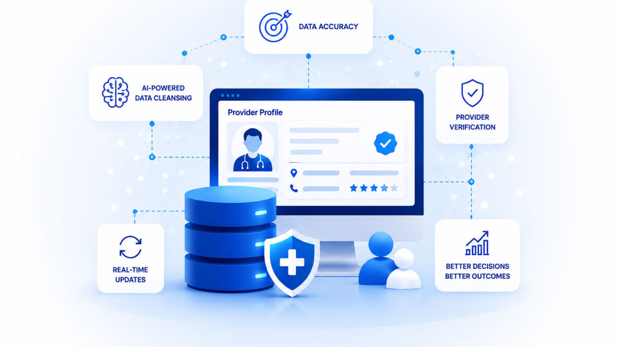 AI-powered provider data management dashboard illustration.
