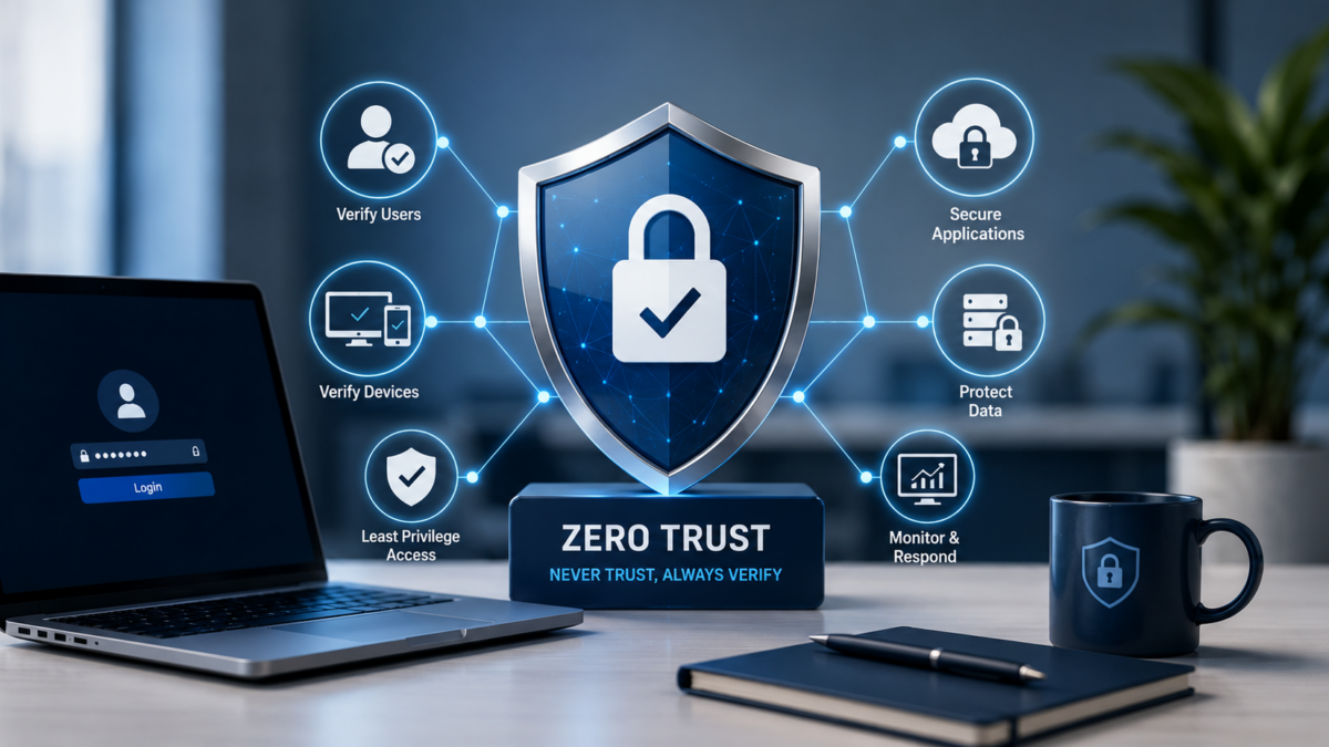 Zero Trust Security Checklist for SMBs infographic showing 15 cybersecurity best practices including MFA, identity management, least privilege access, network segmentation, endpoint security, continuous monitoring, cloud security, data encryption, and incident response planning.