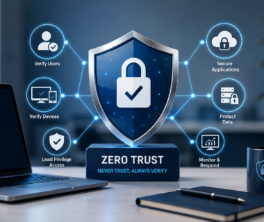 Zero Trust Security Checklist for SMBs infographic showing 15 cybersecurity best practices including MFA, identity management, least privilege access, network segmentation, endpoint security, continuous monitoring, cloud security, data encryption, and incident response planning.
