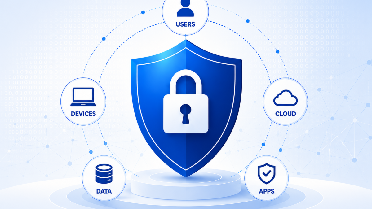 Zero Trust cybersecurity showing a secure shield with a padlock protecting users, devices, cloud applications, and data.