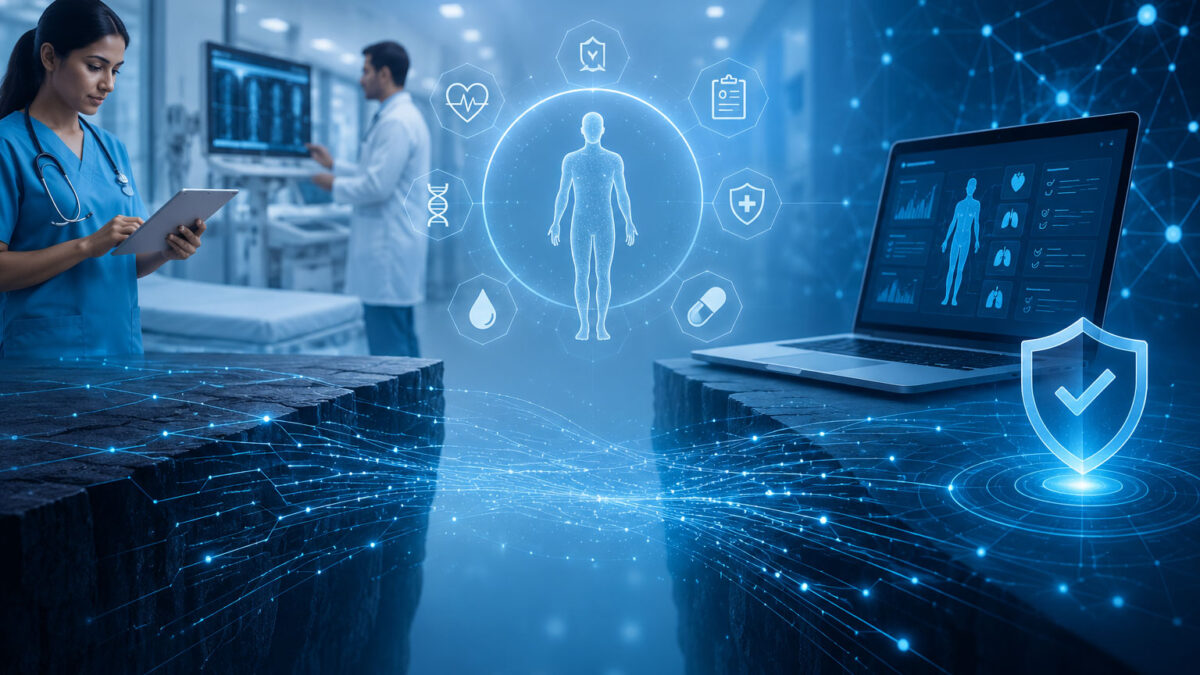 Secure digital healthcare ecosystem showing doctors, connected medical records, patient data verification, AI-powered identity validation, cybersecurity, and trusted healthcare technology.