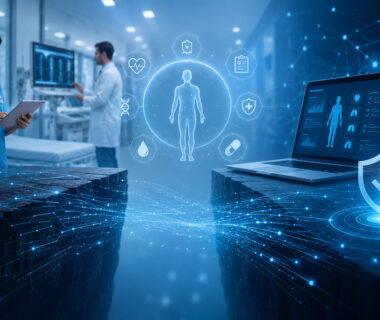 Secure digital healthcare ecosystem showing doctors, connected medical records, patient data verification, AI-powered identity validation, cybersecurity, and trusted healthcare technology.
