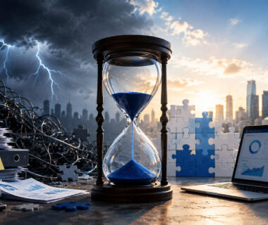 Hourglass illustrating the hidden business costs of slow post-deal technology integration, including delayed systems, operational inefficiencies, and digital transformation challenges.