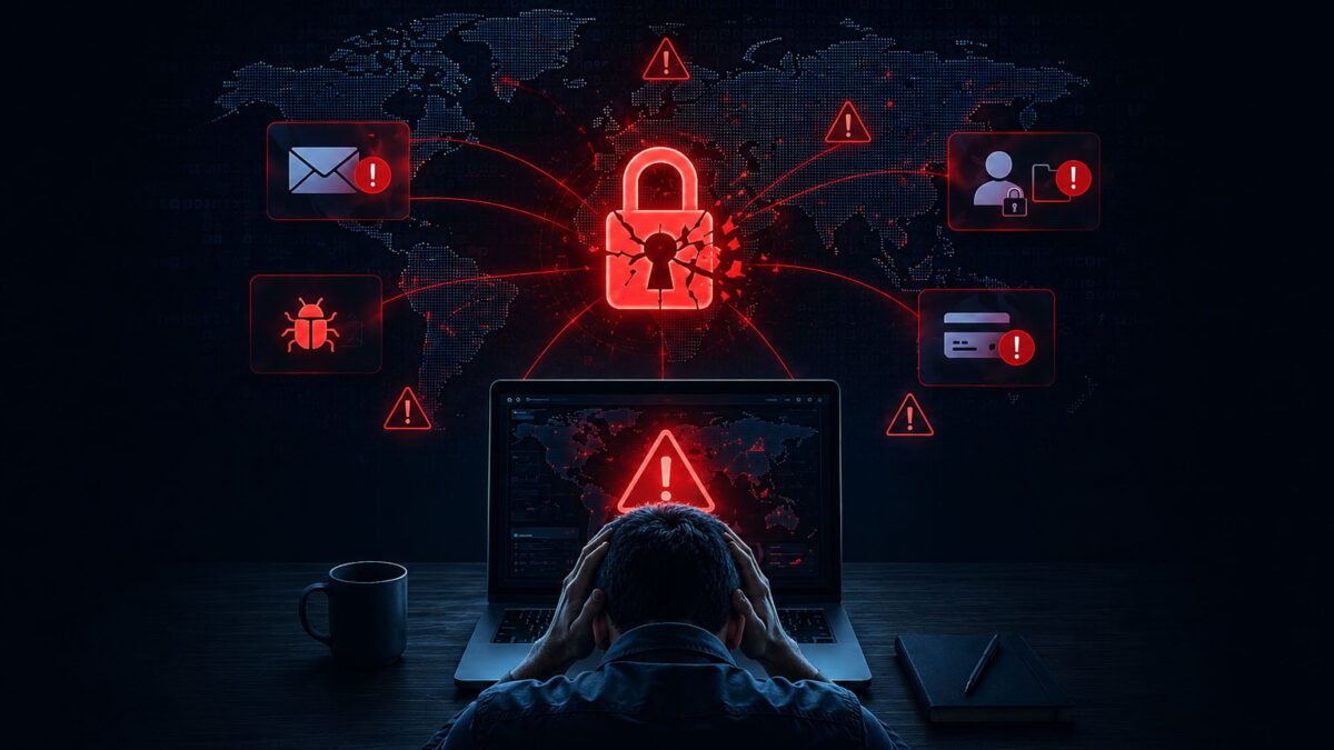 Cybersecurity professional monitoring active cyber threats with security breach alerts, ransomware warnings, and zero trust protection concept.