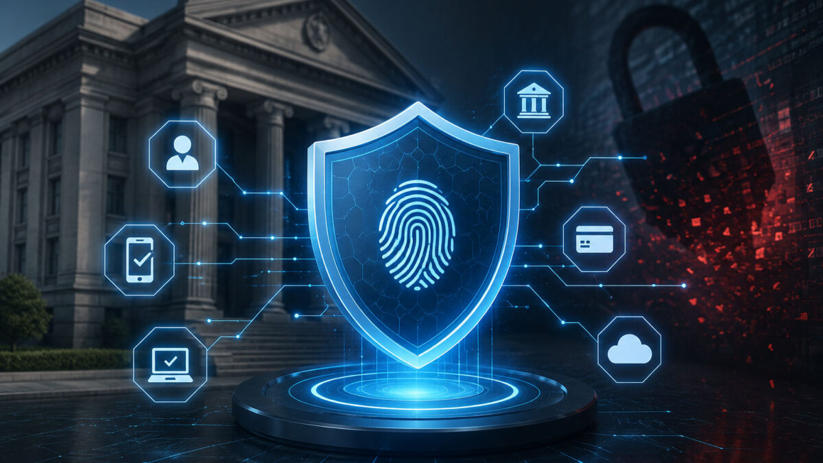 A futuristic cybersecurity illustration featuring a glowing digital security shield with a fingerprint at its center, connected to banking, user, device, and cloud icons. A traditional bank building appears in the background while a dark digital padlock and cyber threat effects highlight the importance of Zero Trust security in modern banking