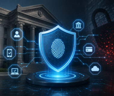 A futuristic cybersecurity illustration featuring a glowing digital security shield with a fingerprint at its center, connected to banking, user, device, and cloud icons. A traditional bank building appears in the background while a dark digital padlock and cyber threat effects highlight the importance of Zero Trust security in modern banking