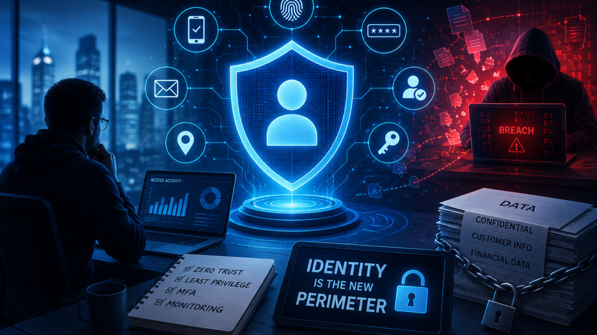 Digital cybersecurity illustration showing identity-based security, zero trust access, multi-factor authentication, and a data breach scenario emphasizing that identity is the new security perimeter.