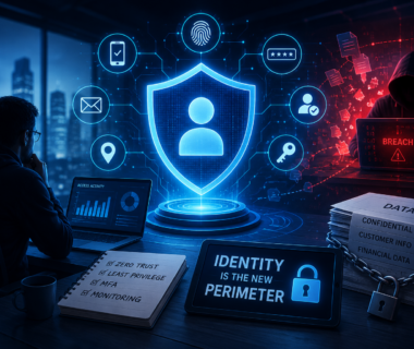 Digital cybersecurity illustration showing identity-based security, zero trust access, multi-factor authentication, and a data breach scenario emphasizing that identity is the new security perimeter.