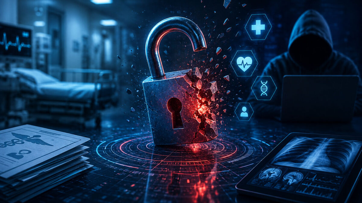 Healthcare cybersecurity data breach illustration showing a broken digital padlock, hacker, patient records, and hospital systems under cyberattack.