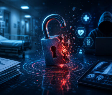 Healthcare cybersecurity data breach illustration showing a broken digital padlock, hacker, patient records, and hospital systems under cyberattack.