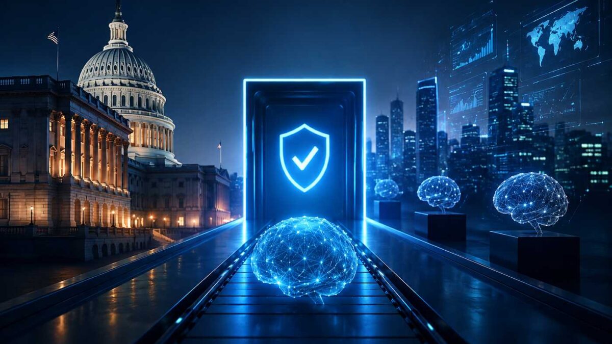 AI governance concept featuring a government building, futuristic technology, digital intelligence, and cybersecurity elements.