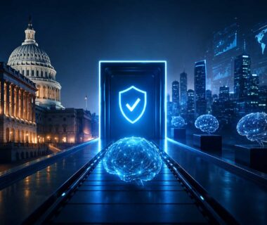 AI governance concept featuring a government building, futuristic technology, digital intelligence, and cybersecurity elements.